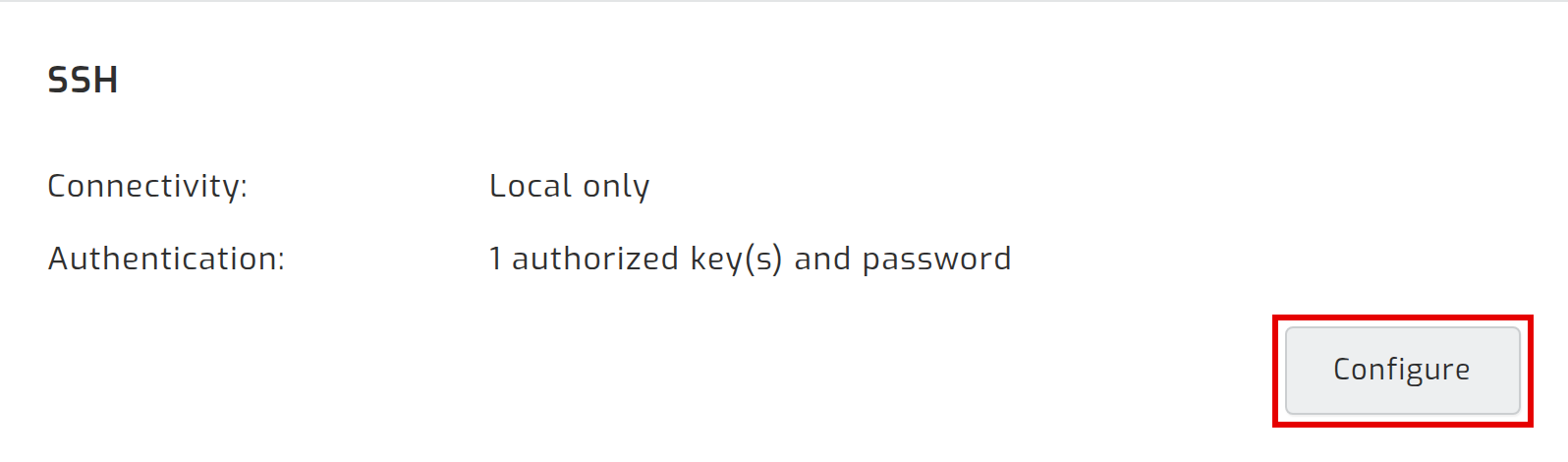 The SSH row on the system page