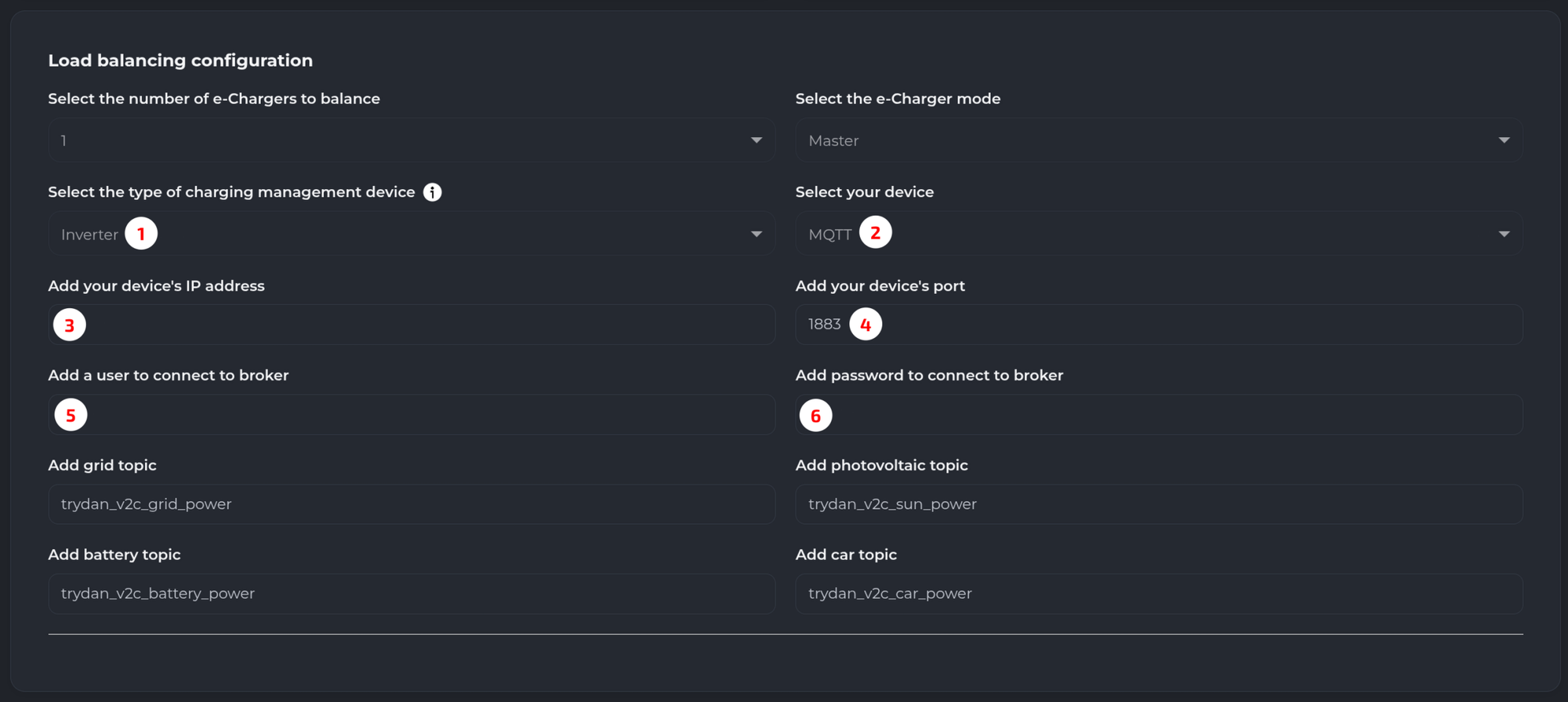 V2C Cloud's load balancing configuration, with the six fields to fill in numbered
