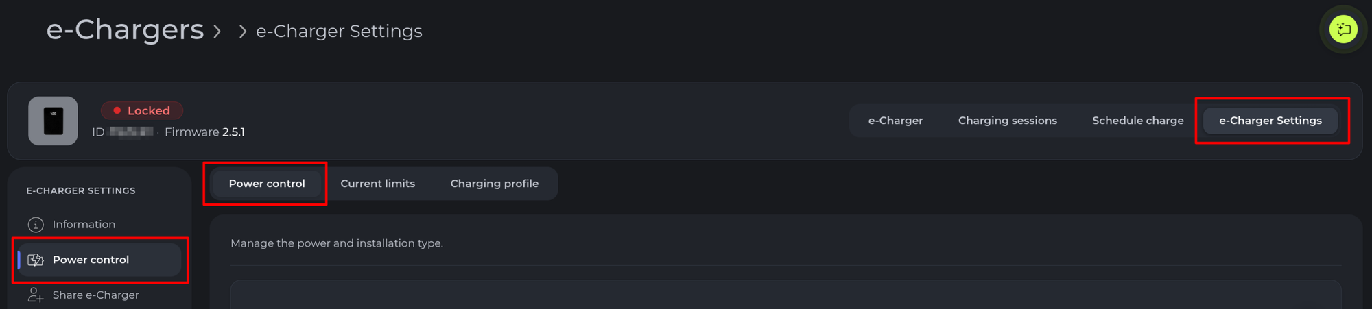 V2C Cloud's e-Charger Settings, with Power control selected