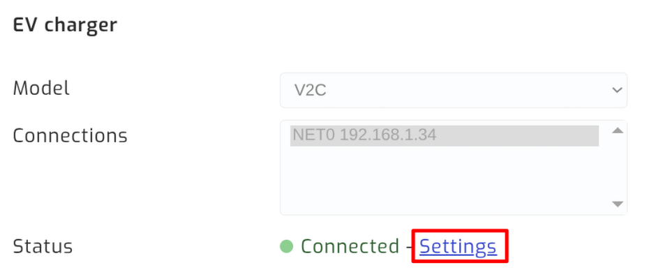 The EV charger section of the configuration page, with the Settings link beside the Connected status